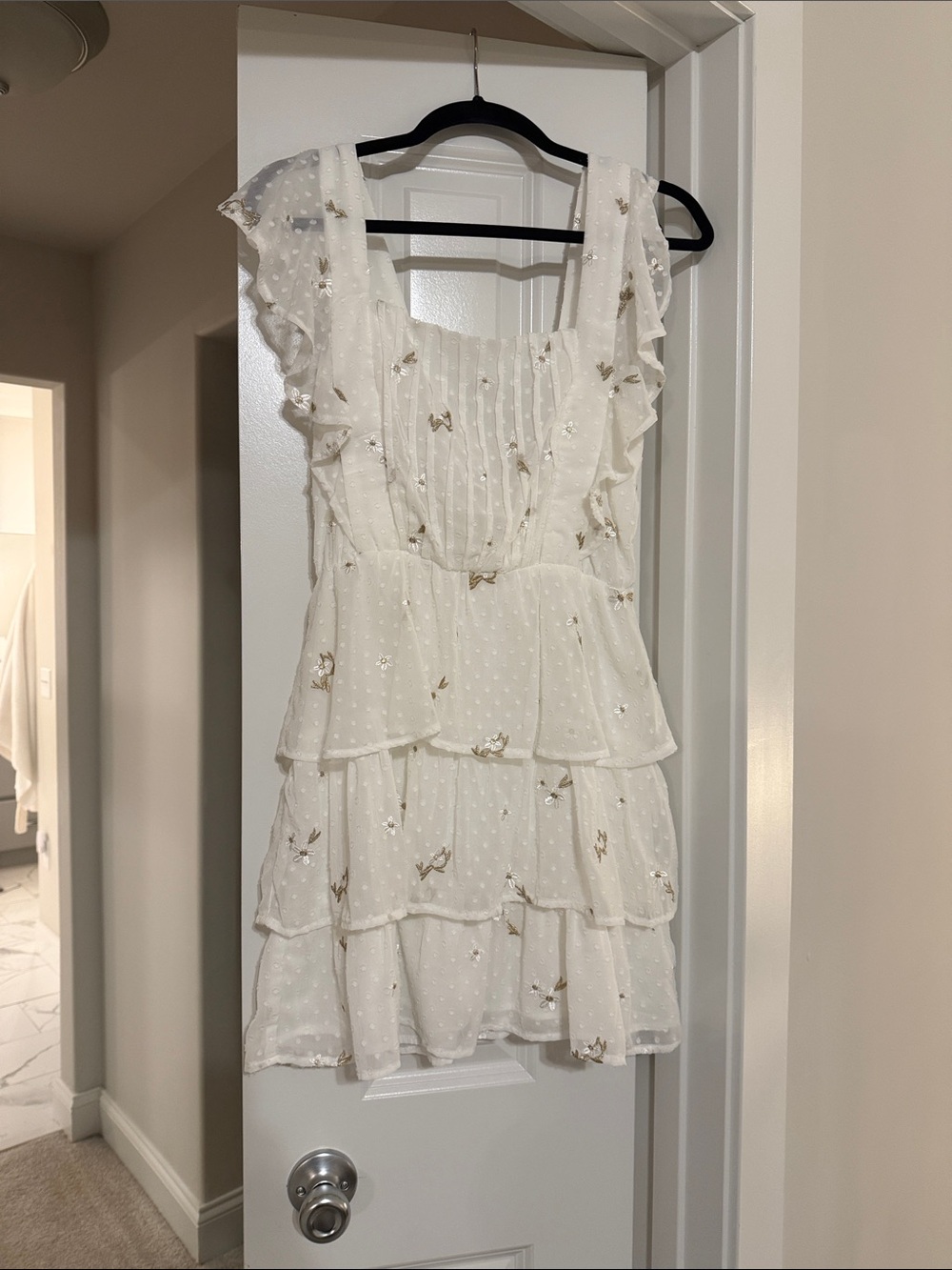 Adelyn Rae White Tiered Ruffle Mini Dress with Gold Accents